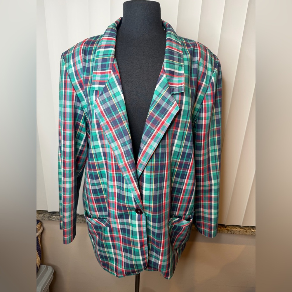 Alfred Dunner Vintage Green Red Plaid Blazer Shoulder Pads Suze 18 Woman